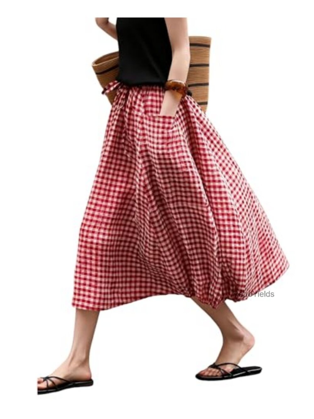 Vintage Plaid A-Line Midi Skirt Elastic Waist Swing Pleated with Pockets